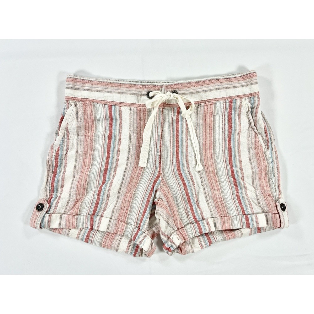 Per Se Linen Blend Striped Shorts Womens Small S Cuffed Drawstring Coastal Boho